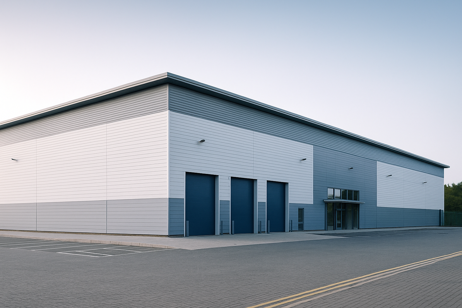 Modern UK warehouse facility on a trading estate with secure, professional appearance, ideal for virtual address and business registration services.