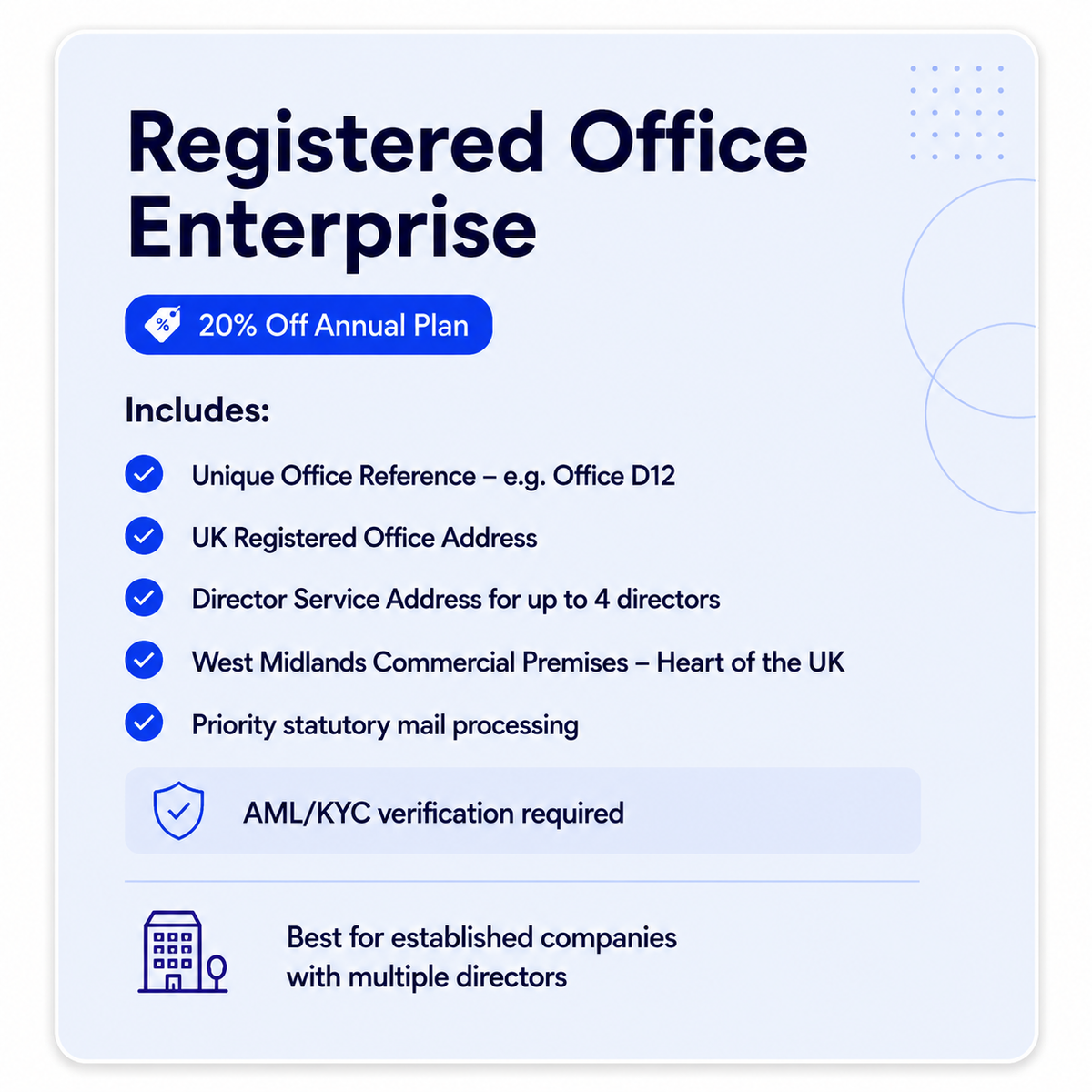 UK Registered Office Enterprise Plan with Unique Office Reference and Director Service Address