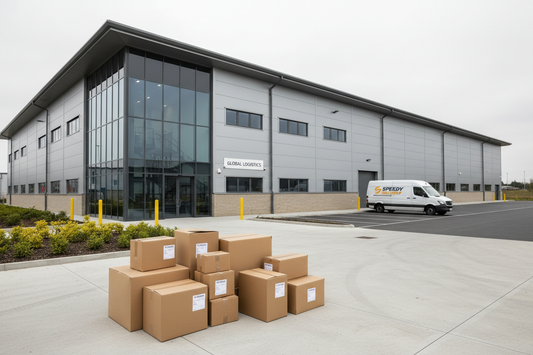 Cardboard parcels stacked outside a UK commercial warehouse building on a trading estate with a courier van in the background, illustrating five reasons every e-commerce business needs a virtual warehouse address