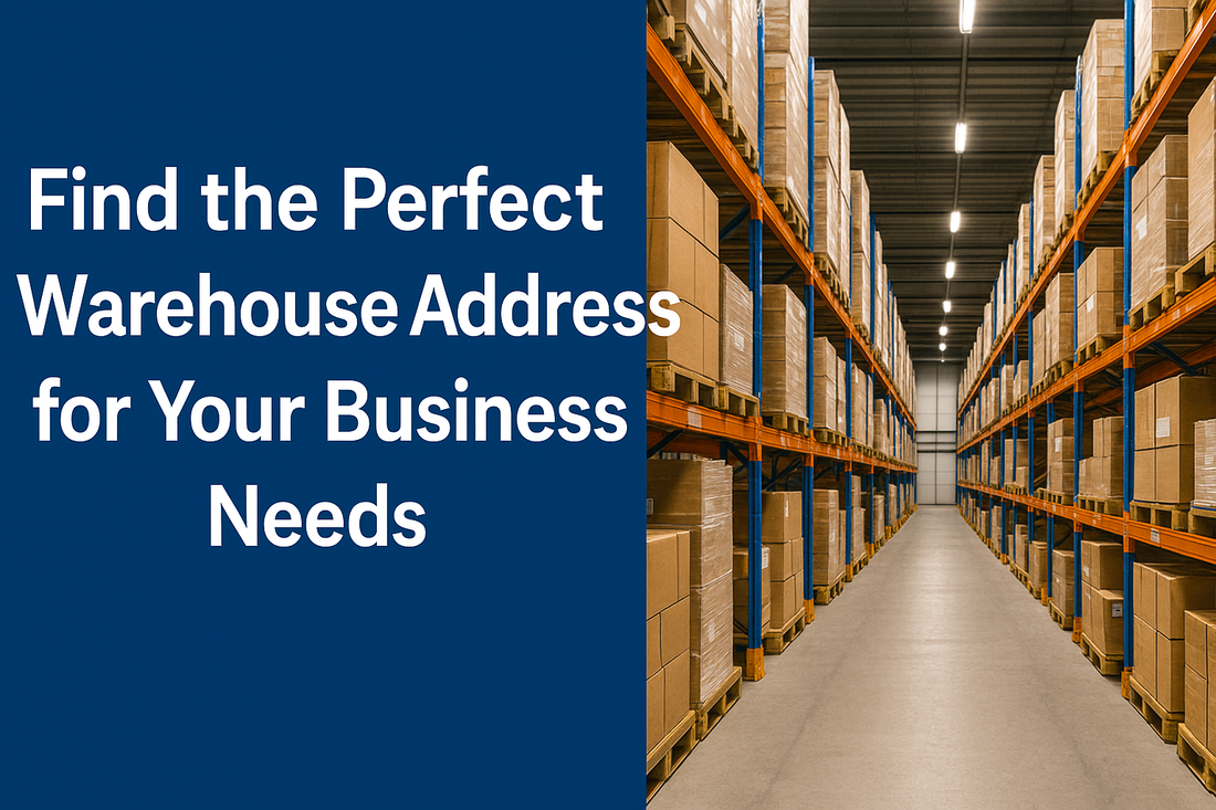 Promotional warehouse banner showing organized storage racks filled with boxes beside bold text reading ‘Find the Perfect Warehouse Address for Your Business Needs.