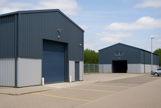 Modern UK warehouse buildings in a trading estate with parking spaces, blue-gray metal siding, and a secure gated area under a partly cloudy sky.