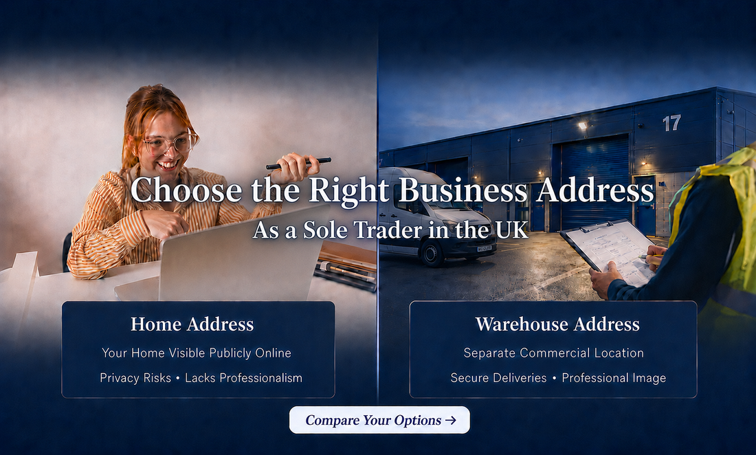 Business address options for sole traders in the UK showing home office vs warehouse address comparison