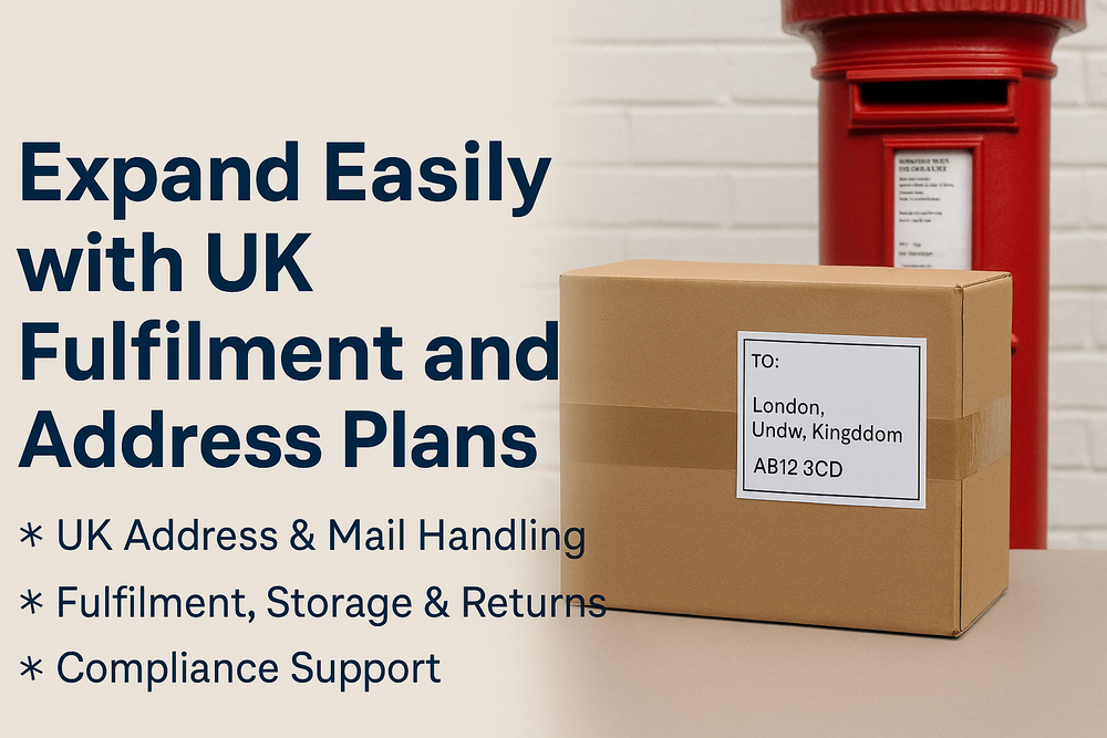 Banner showing a cardboard parcel beside a classic red UK postbox with text reading ‘Expand Easily with UK Fulfilment and Address Plans’ and bullet points for UK address, storage, returns, and compliance support.