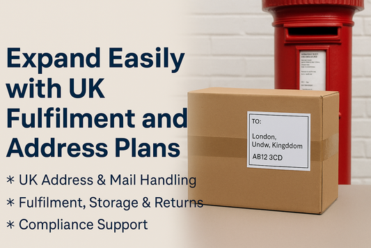 Banner showing a cardboard parcel beside a classic red UK postbox with text reading ‘Expand Easily with UK Fulfilment and Address Plans’ and bullet points for UK address, storage, returns, and compliance support.