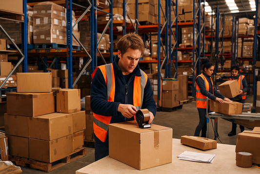 Modern UK warehouse interior with stacked pallets, parcels, and bright industrial lighting, representing e-commerce fulfilment and logistics operations.