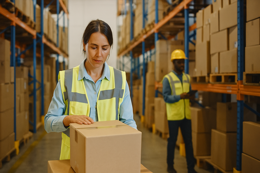 A warehouse worker wearing a yellow safety vest inspects a cardboard box on a table while another worker in a hard hat uses a tablet among organized shelves in a bright, clean warehouse.