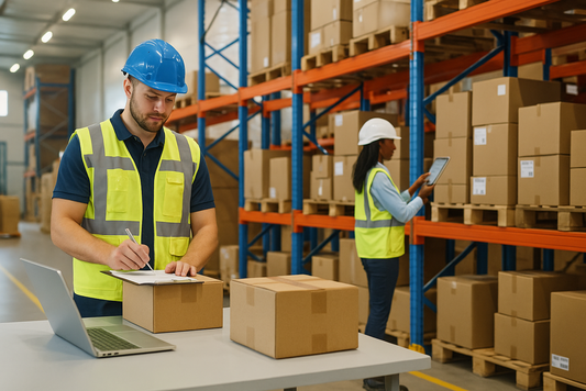 A man in a reflective safety vest and hard hat writes on a clipboard beside cardboard boxes and a laptop in a bright, organized warehouse, while a female colleague checks inventory on a tablet near tall shelving.