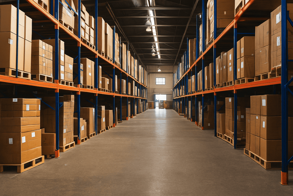 Interior of a modern UK warehouse with tall racks filled with cardboard boxes and pallets, representing storage and logistics for business mail handling.