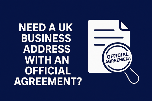 UK business address with official agreement – modern warehouse graphic with document and stamp icons on navy background.