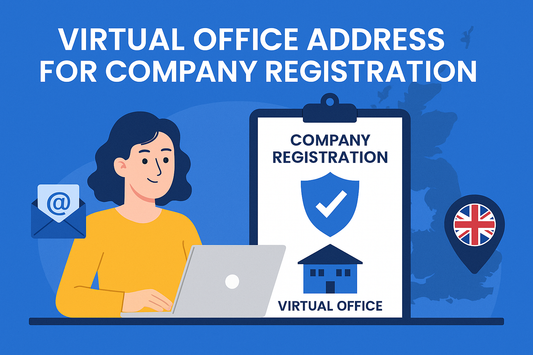 Promotional banner showing UK virtual office and warehouse address services for company registration, HMRC compliance, mail handling, returns and dispatch.
