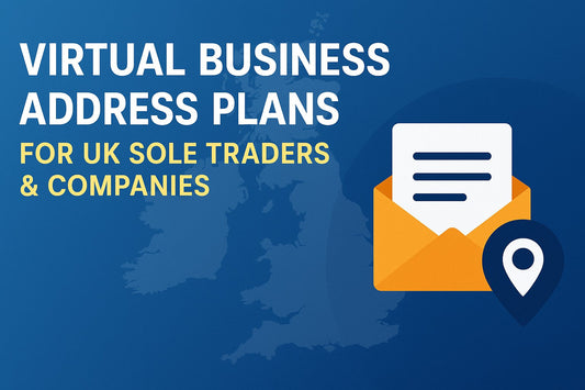 Virtual business address plans banner for UK sole traders and companies with envelope and location icon on blue UK map background.