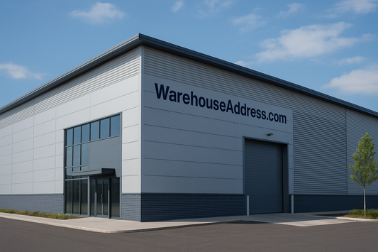 Modern UK warehouse with WarehouseAddress.com sign – professional virtual warehouse and business address solution.