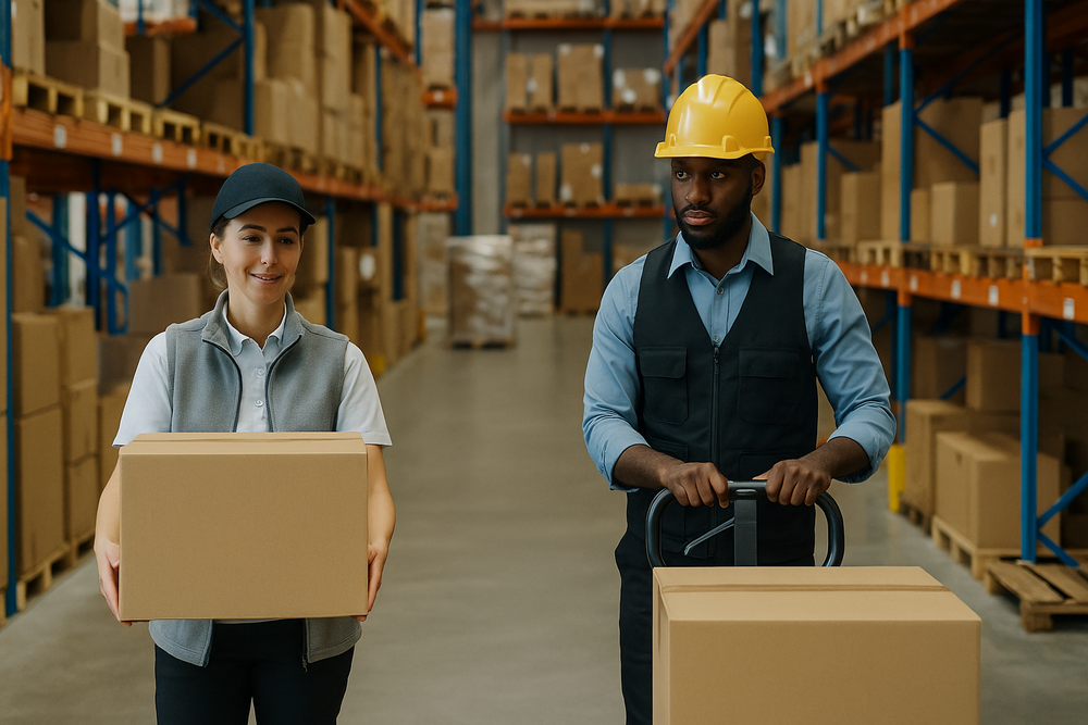 Two warehouse staff working in a clean, organized fulfilment center; a woman holds a cardboard box while a man with a yellow hard hat uses a pallet jack among tall shelves of packages.