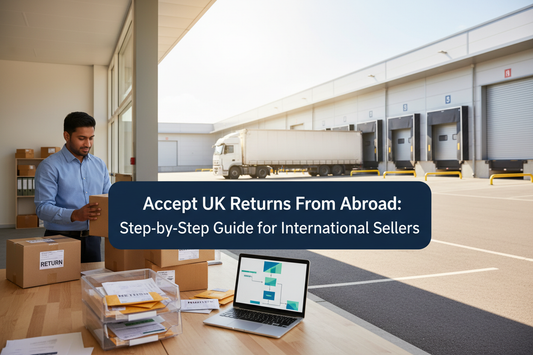 Bright UK warehouse office with international returns parcels and mail trays.