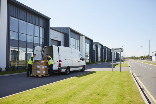 UK warehouse trading estate with delivery van and parcels, illustrating Amazon-compliant verified UK address requirements for online sellers