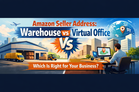 Amazon seller address comparison banner showing warehouse vs virtual office setup with logistics trucks on one side and a remote office workspace on the other
