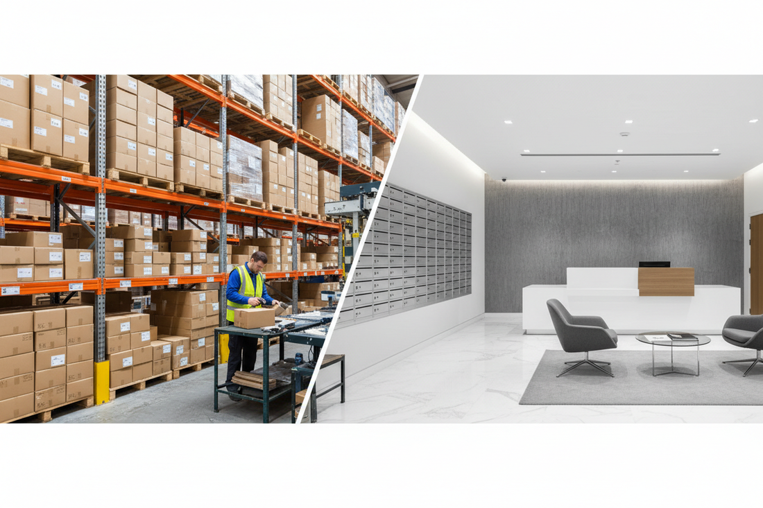 Amazon seller address comparison showing warehouse returns handling versus virtual office post boxes for UK sellers