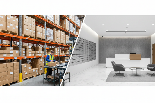 Amazon seller address comparison showing warehouse returns handling versus virtual office post boxes for UK sellers