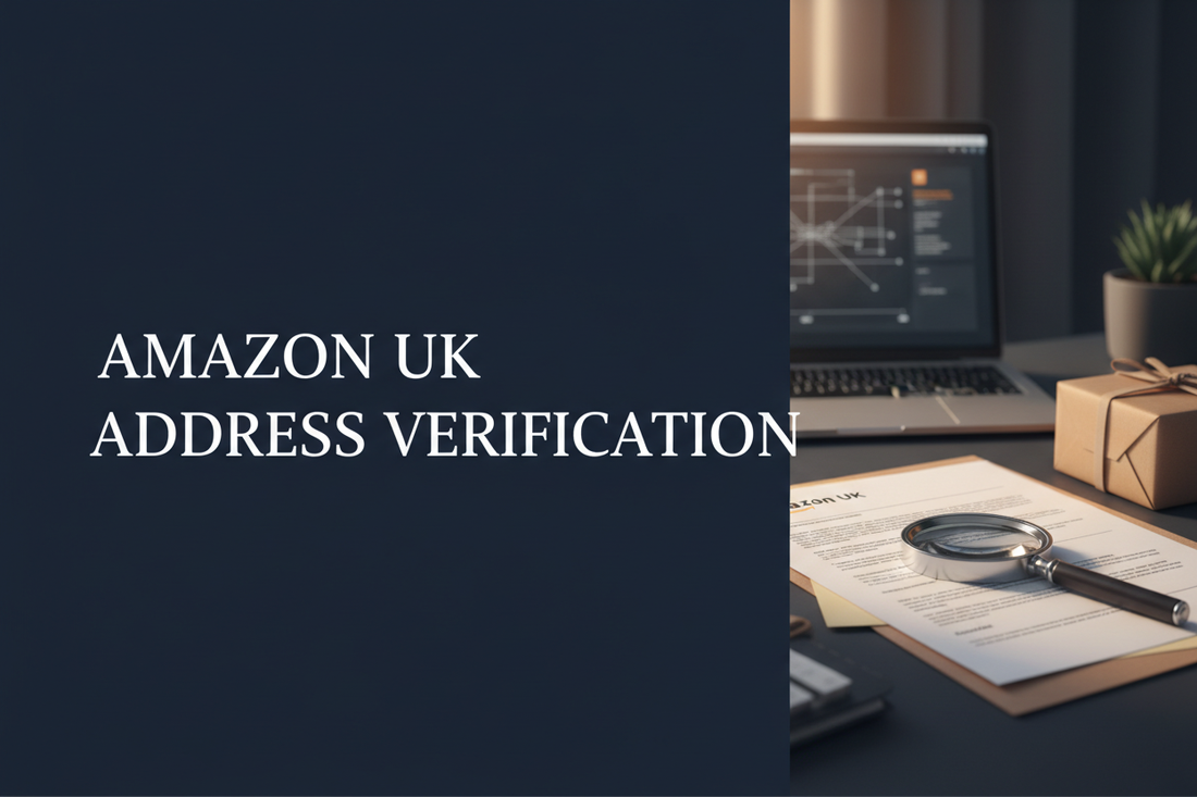 Business documents and parcel label prepared for Amazon UK seller address verification