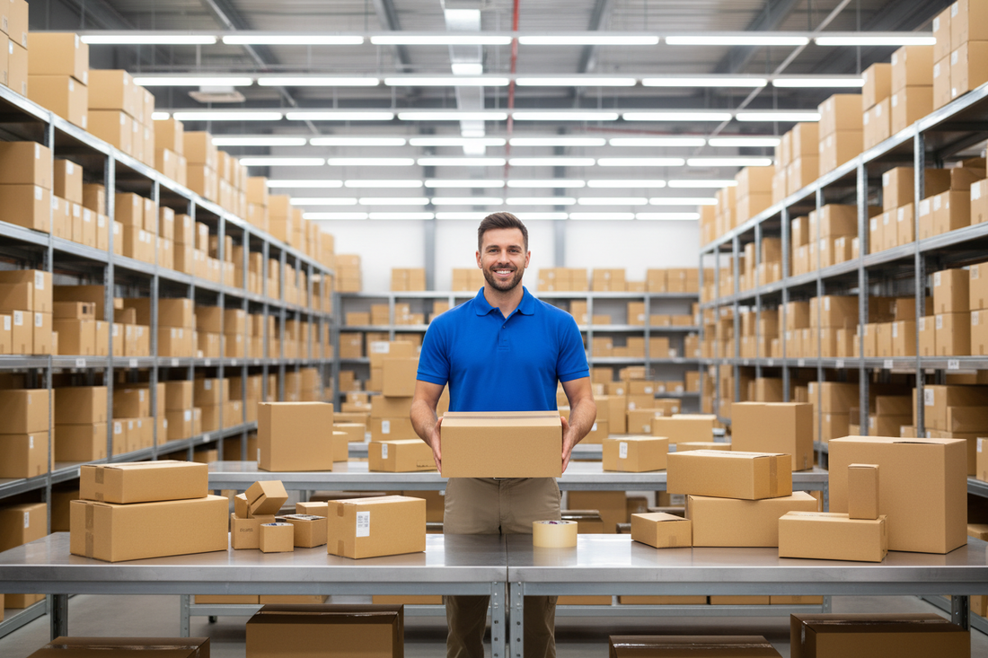 Warehouse worker handling UK customer returns, parcels being processed at a commercial returns address
