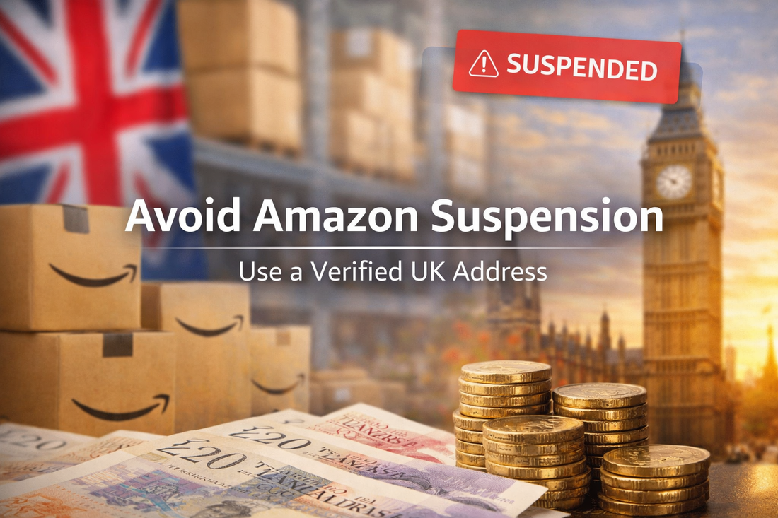 Avoid Amazon Suspension banner with verified UK address message, featuring warehouse boxes, UK flag, Big Ben, and warning suspended sign highlighting Amazon compliance