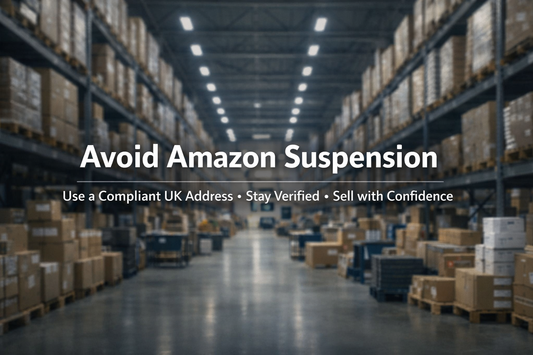 Avoid Amazon Suspension banner showing a modern UK warehouse interior with centred text promoting compliant business address use