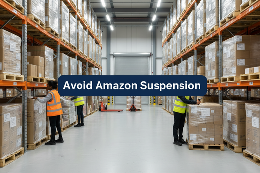 Warehouse staff scanning cartons and organising pallet stock inside a modern UK warehouse, with a banner reading “Avoid Amazon Suspension”