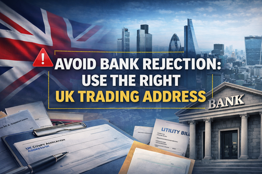 Avoid bank rejection banner with UK flag, London skyline, bank building and documents highlighting the importance of using the right UK trading address