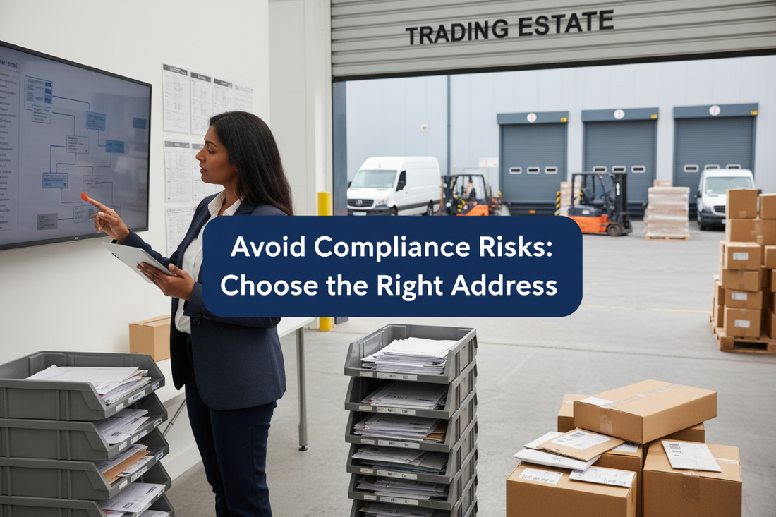 Business owner checking UK business address records in a professional warehouse office with mail trays, parcels, loading bays and customer returns, with a centred two-line banner reading “Avoid Compliance Risks: Choose the Right Address”