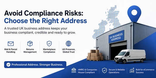Avoid Compliance Risks banner with UK warehouse business address and compliance services
