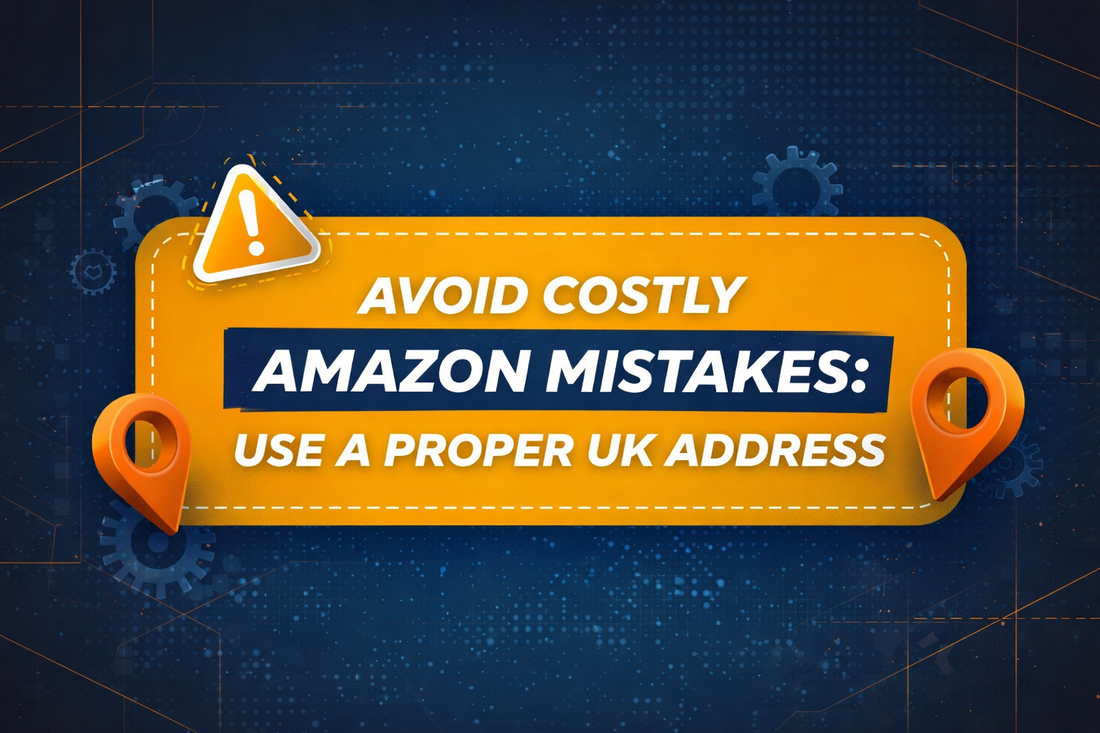 Avoid costly Amazon mistakes use a proper UK address banner with modern digital design, warning icon and location pins