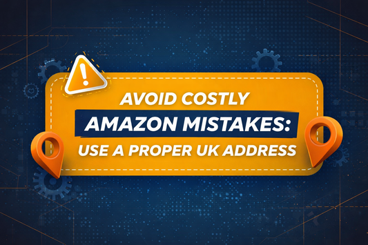 Avoid costly Amazon mistakes use a proper UK address banner with modern digital design, warning icon and location pins