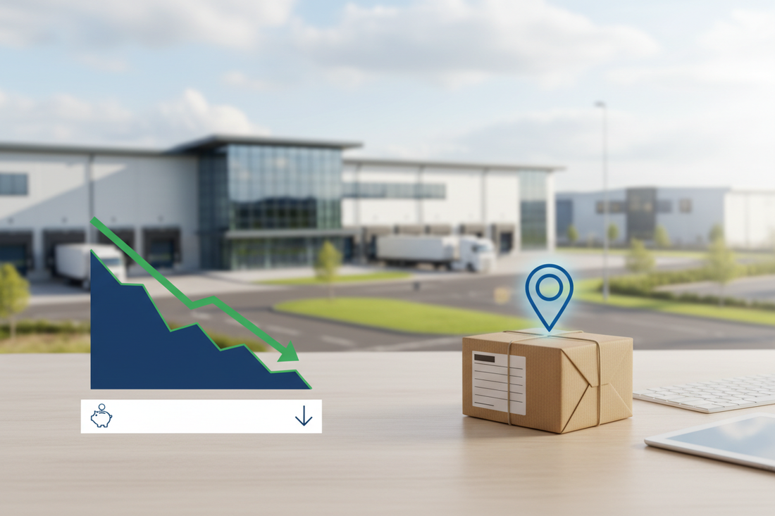 A small parcel on a clean desk against a blurred UK commercial trading estate background, illustrating how to avoid high warehouse costs by using a virtual warehouse address