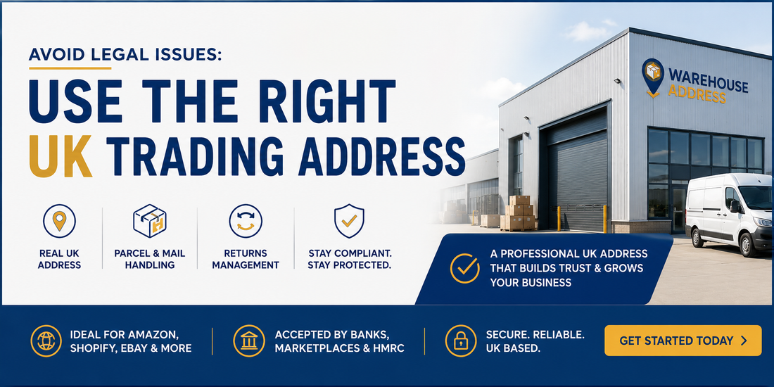 Professional horizontal banner showing a real UK warehouse trading address service with compliance-focused text, parcel handling icons, returns management features and modern commercial warehouse building for eCommerce businesses.