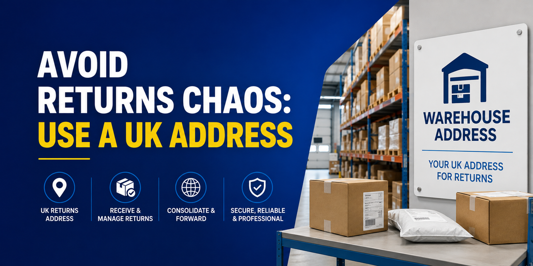 UK warehouse returns address service with parcels and “Avoid Returns Chaos: Use a UK Address” title text
