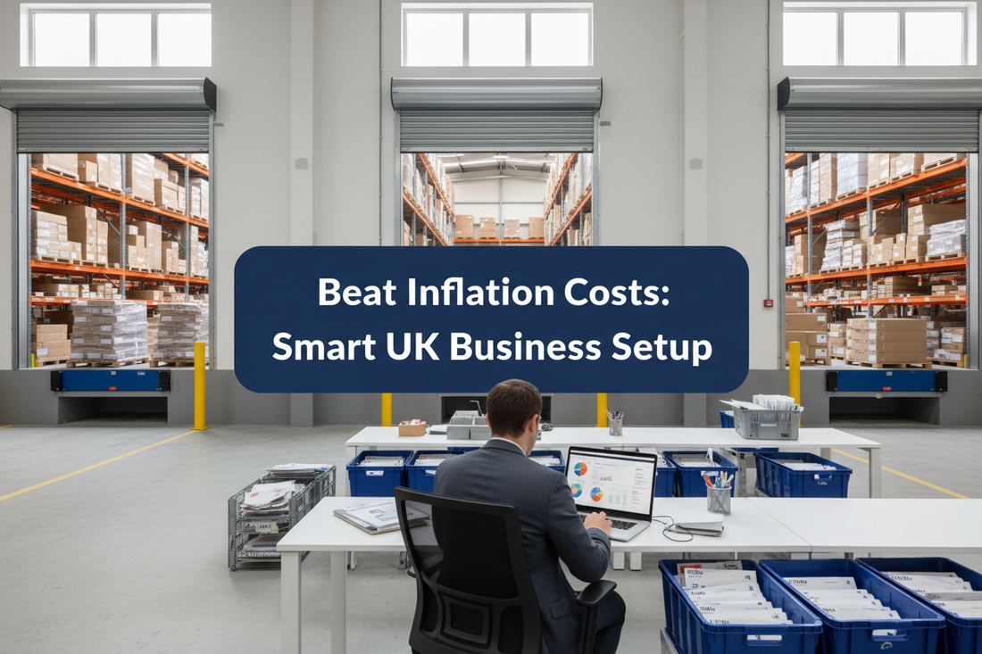 Founder reviewing UK business overheads and margin planning in a bright commercial warehouse office with parcels, mail trays and loading bays, featuring a slightly raised navy panel reading “Beat Inflation Costs: Smart UK Business Setup”