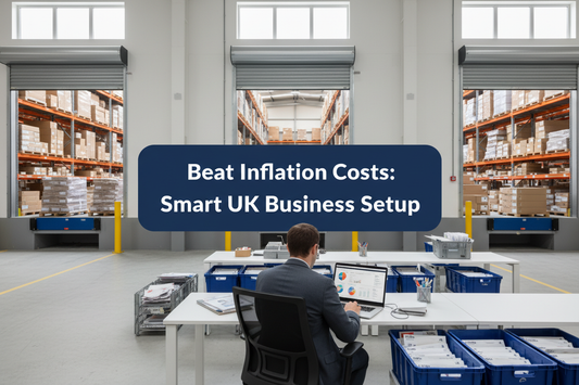 Founder reviewing UK business overheads and margin planning in a bright commercial warehouse office with parcels, mail trays and loading bays, featuring a slightly raised navy panel reading “Beat Inflation Costs: Smart UK Business Setup”
