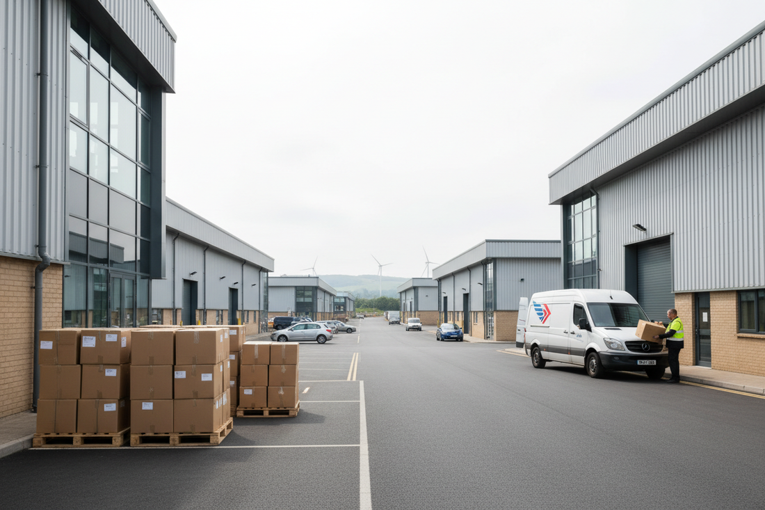 UK commercial trading estate with warehouse building, stacked cardboard boxes and courier van, illustrating the benefits of using a virtual warehouse address for e-commerce businesses