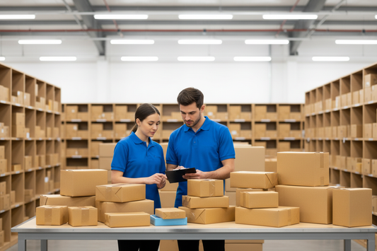 UK warehouse address team reviewing Amazon FBM returns at a commercial packing station