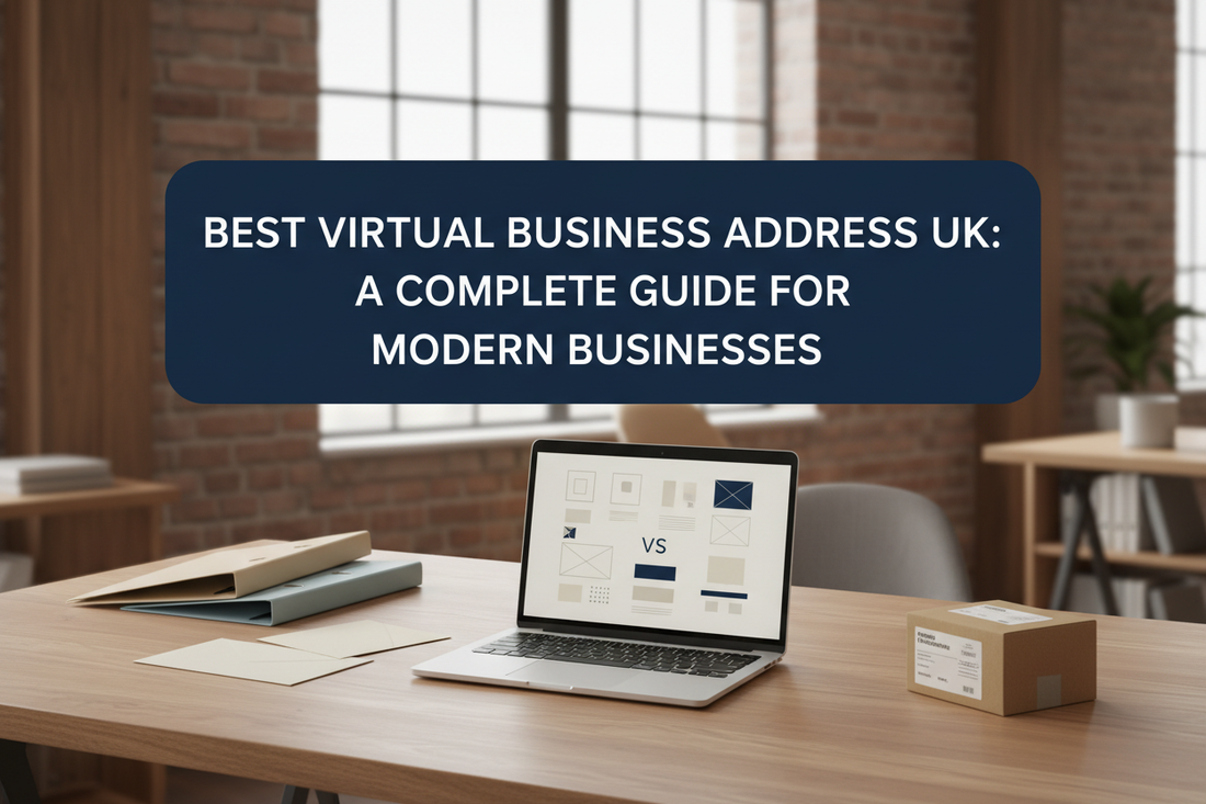 UK business address comparison desk with document folders, envelopes and parcel-forwarding materials.