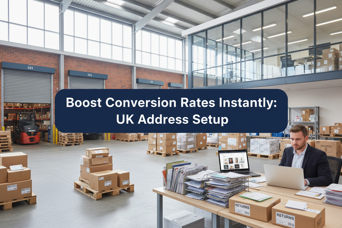 Founder reviewing ecommerce customer operations in a bright UK commercial warehouse office with loading bays, parcels, returns packages and mail trays, featuring a slightly raised navy panel reading “Boost Conversion Rates Instantly: UK Address Setup”