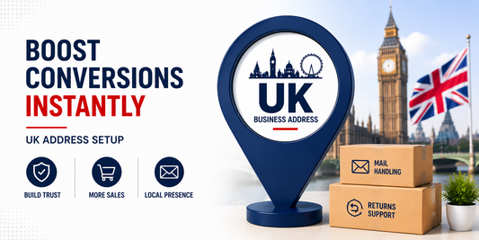 Boost conversion rates instantly banner with UK business address setup, mail handling, returns support, and customer trust features