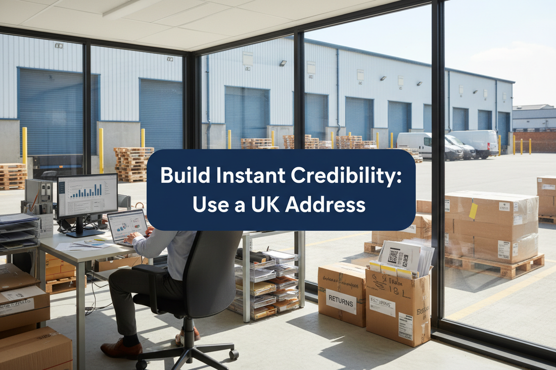 Founder reviewing UK business information in a bright commercial warehouse office with parcels, mail trays and returns packages.