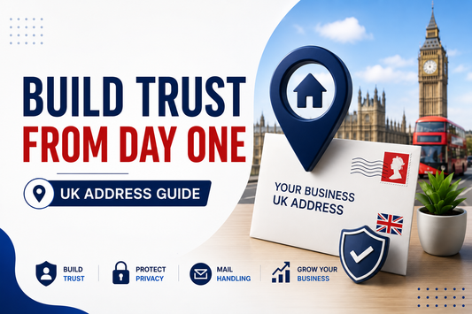 UK address guide banner showing a professional business envelope, location pin, shield icon, Big Ben, and bold “Build Trust From Day One” text.