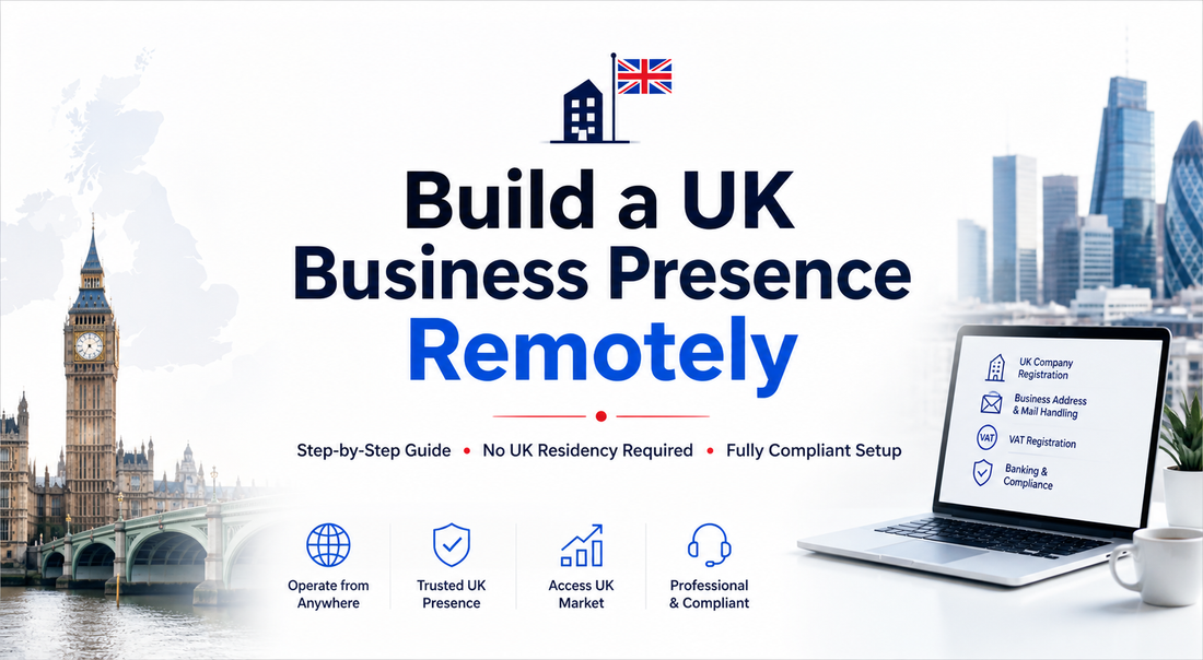 Build a UK business presence remotely with a modern banner featuring London skyline, laptop workspace, and step-by-step compliant setup messaging
