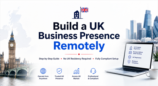 Build a UK business presence remotely with a modern banner featuring London skyline, laptop workspace, and step-by-step compliant setup messaging