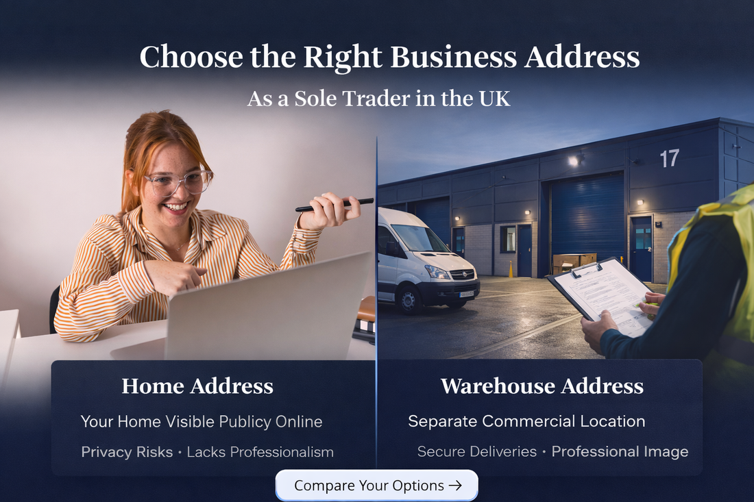 Business address options for sole traders in the UK showing home office vs warehouse address comparison