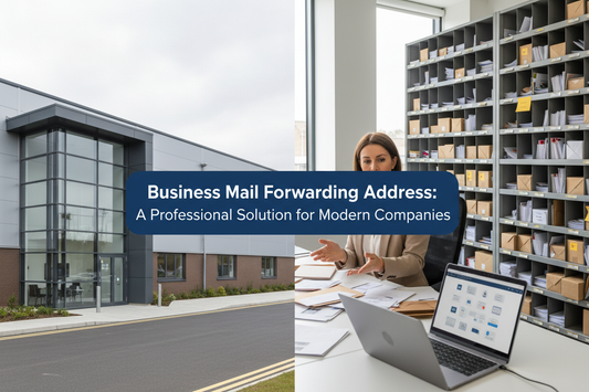 UK mail forwarding desk with envelopes, parcels and a digital mailbox screen.