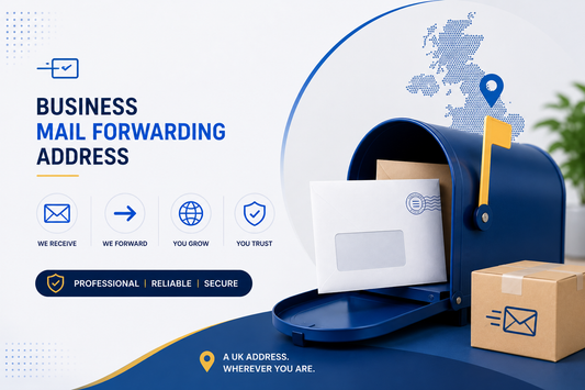 Business mail forwarding address banner with mailbox, envelope, parcel and UK map design for professional mail receiving and forwarding.