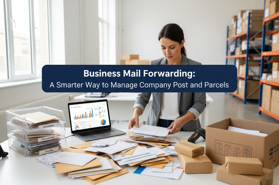 Business manager sorting company letters and parcels at a UK mail-forwarding desk.